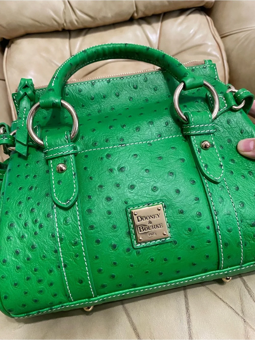 NEW Dooney & Bourke Kelly Green Pocket Satchel Ostrich Embossed Leather Tassel